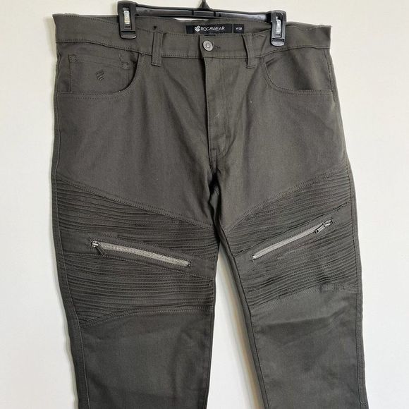 ROCAWEAR Mens Jeans Moto Urban Streetwear Slim Fit Denim Pleats Green‎ 39 x 31 - Picture 2 of 9